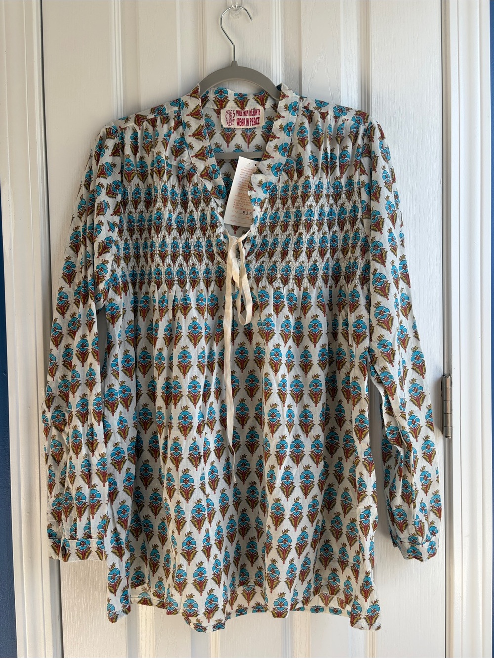 Gypsy Rose Hand Block Print Smocked Peasant Tunic Blouse OS